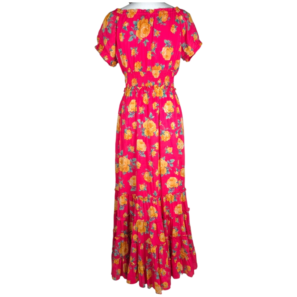 NEW Betsey Johnson Reddish Pink Color with Yellow Rose Print Maxi Dress size L - Picture 3 of 14
